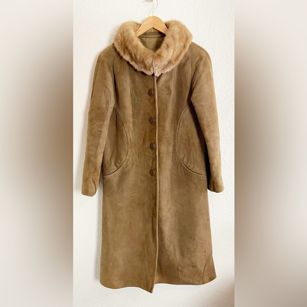 Vintage Brown Suede Coat with Fur Collar long trench coat length
